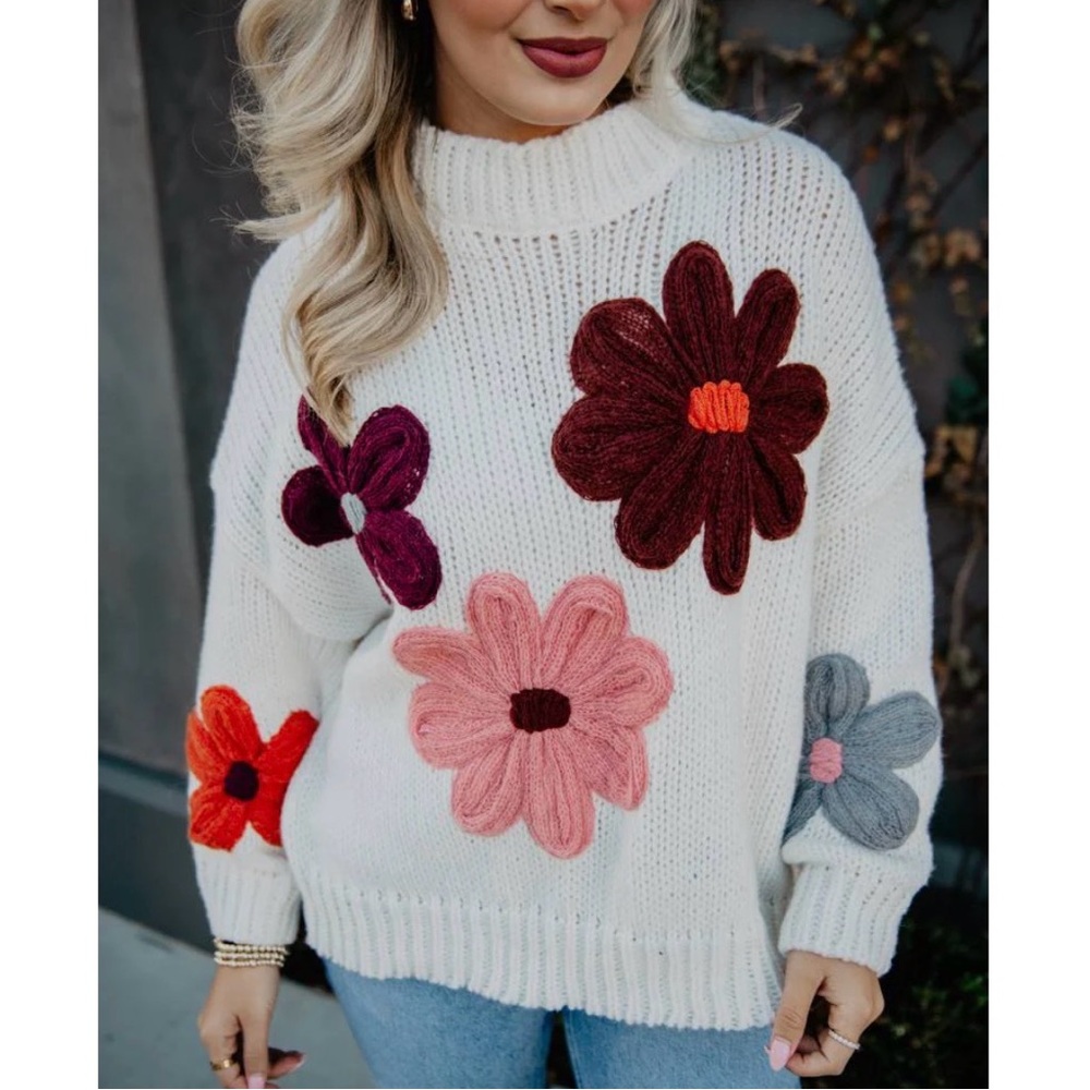 Katydid White Sweater with Multicolor Floral Accents NWT